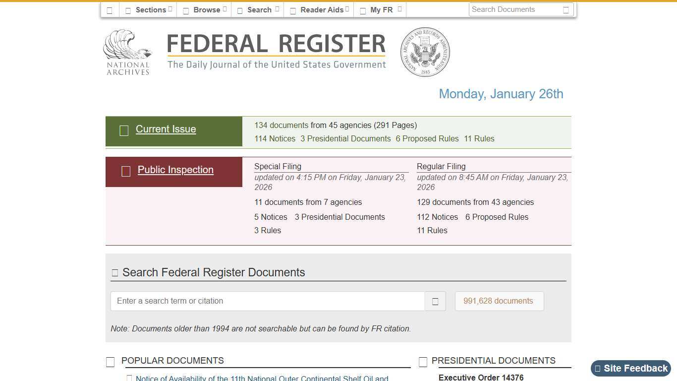 Federal Register :: Home - Monday, January 26th